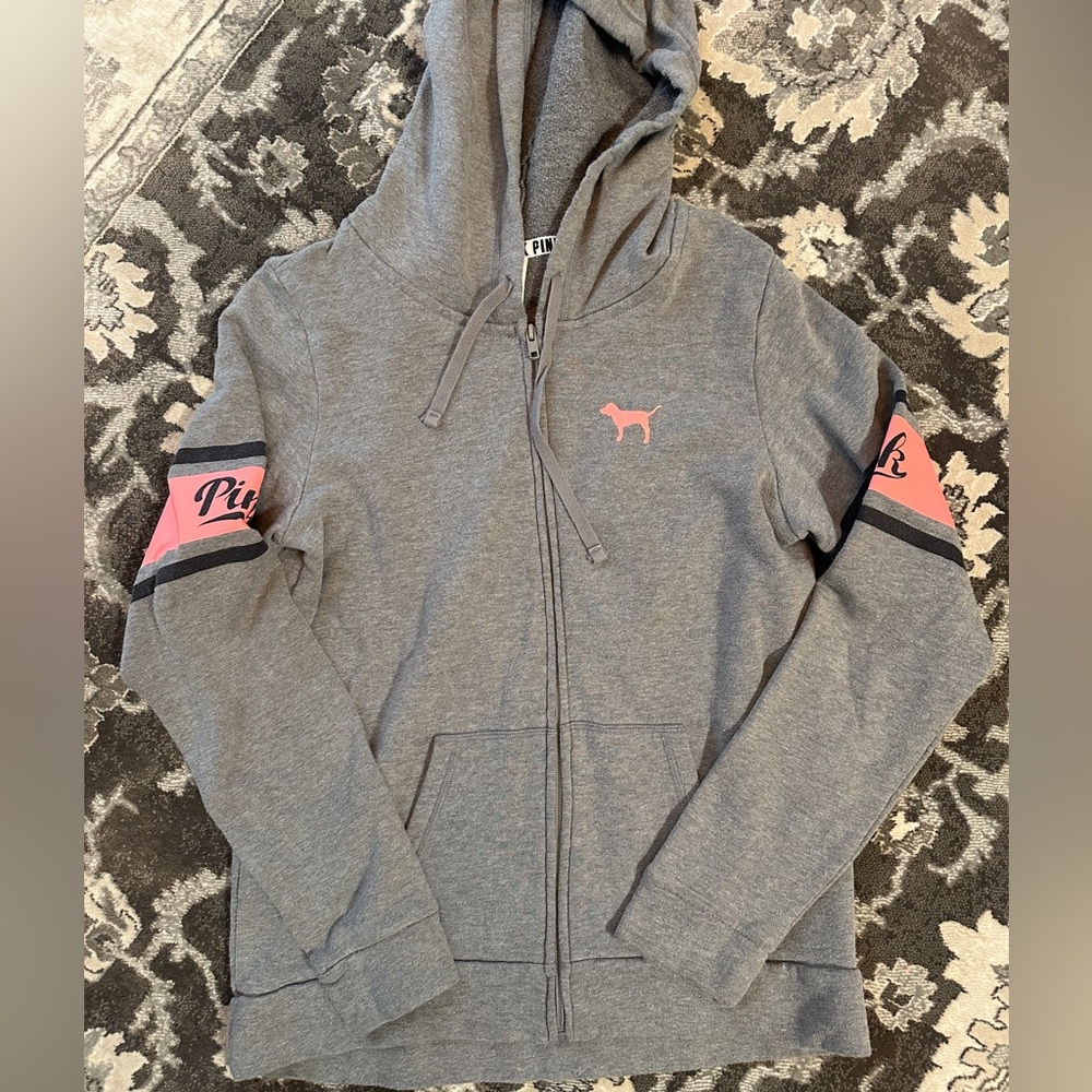 PINK Victoria's Secret Gray Zip-Up with Pink Dog Logo